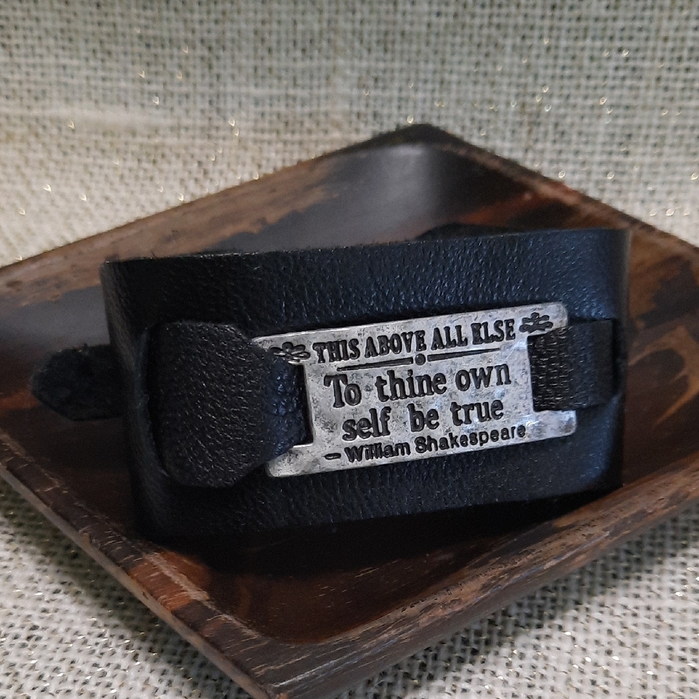 Black Leather Bracelet with Silver Quote Plate SHAKESPEARE